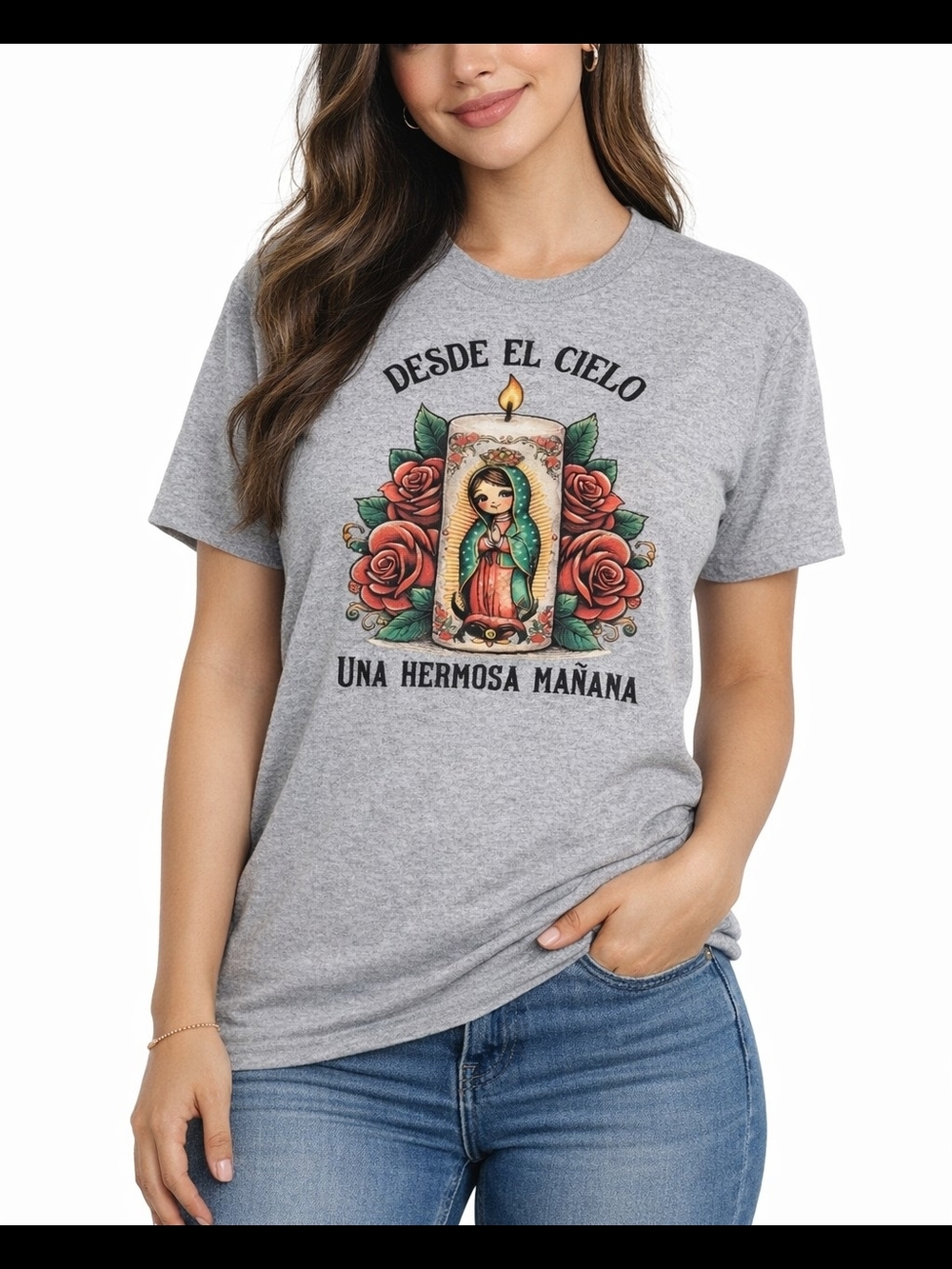 Gray Graphic Tee with Virgen de Guadalupe Candle Motif